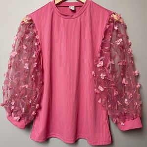 Pink Ribbed Floral Appliqué Mesh Sleeves Top